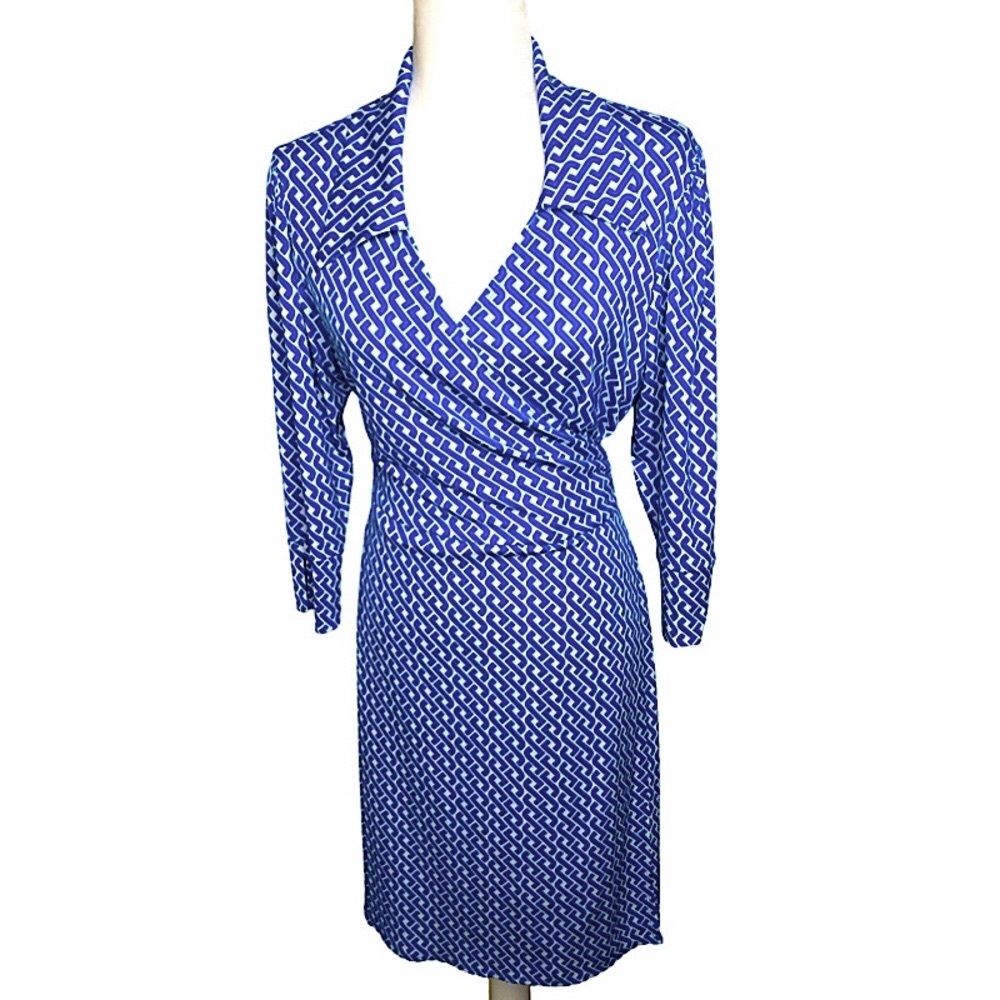 Laundry by Shelli Segal Wrap Midi Dress Geometric Print Blue/ White Size: Large